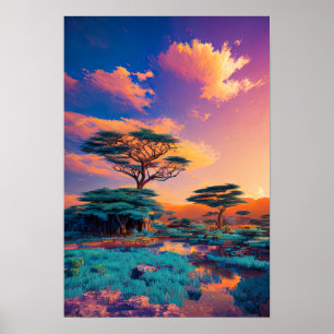 Poster La peinture du lever du soleil sur le paysage afri