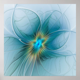 Poster La petite Beauté Fleur Fractale Moderne Bleu Or