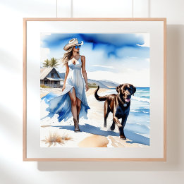 Poster La petite fille côtière avec un chien sur la plage