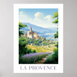 Poster La provence - France - illustration<br><div class="desc">La Provence est une région du sud-est de la France située à la frontière de l'Italie et au bord de la mer Méditerranée. Elle est réputée pour ses paysages variés, des Alpes du Sud et des plaines de Camargue aux vignobles vallonnés et aux oliveraies en passant par les forêts de...</div>