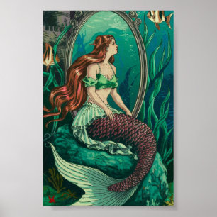 Poster La sirène vintage sous la mer à la recherche d'un