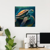 Poster La tortue de mer La baignade dans l'océan (Bureau à domicile)