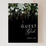Poster La verdure et la feuille d'or | Black Guest Book S<br><div class="desc">Nous avons conçu cette verdure et cette feuille d'or | noir signe de réservation d'invités pour compléter votre simple mais élégante réception boho. Il présente des feuilles modernes d'eucalyptus vert et blanc, du feuillage de fougères, une fleur succulente et un minimum de feuilles de feuille d'or. Ces éléments donnent l'impression...</div>