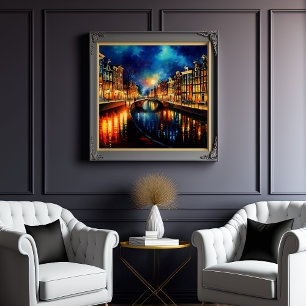 Poster La verie nocturne : Les canaux lune d'Amsterdam