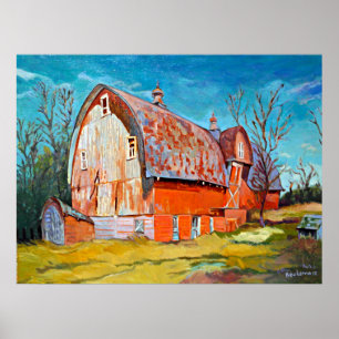 Poster La vieille grange rouge sur la prairie venteuse