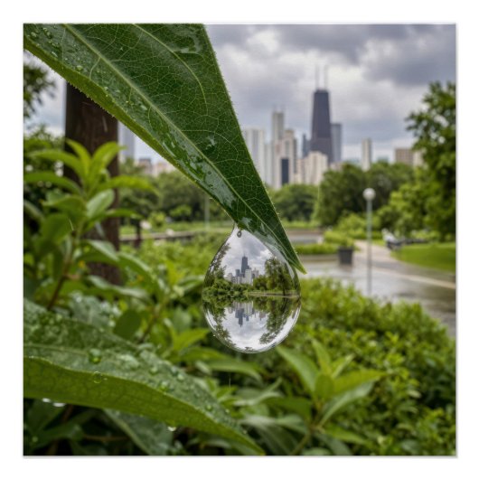 Poster La ville de Chicago reflétée dans une goutte de pl (Devant)