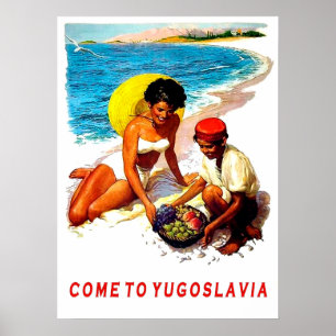 Poster La Yougoslavie, femme sur la plage avec le vendeur