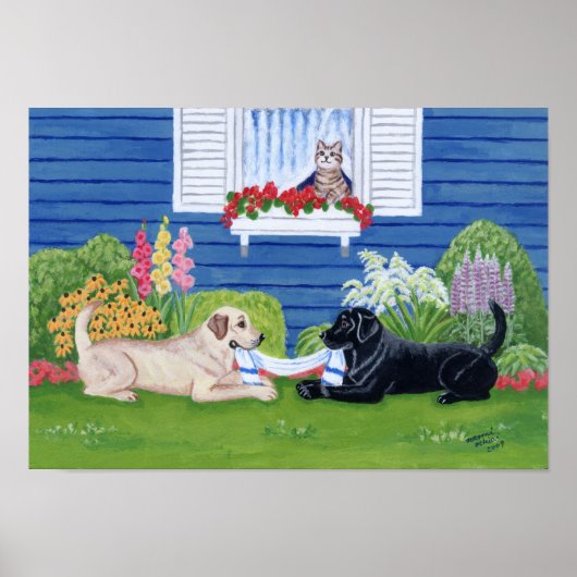 Poster Labrador jaune et Labrador noir dans le jardin (Devant)