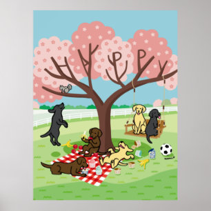 Poster Labradors et Happy Cherry Blossom