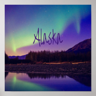 Poster Lac Alaska Northern Lights Mountains