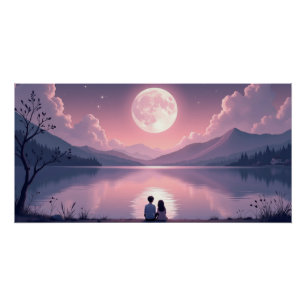 Poster Lac au Clair de Lune Nuit Romantique Saint-Valenti