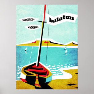 Poster Lac Balaton, bateau de pêche sur la côte, Hongrie