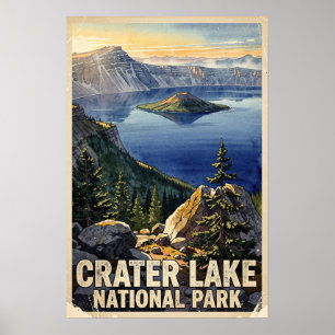 Poster Lac Crater National Park Aquarelle Rétro