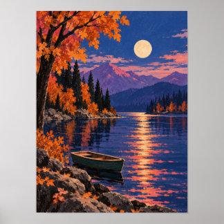 Poster Lac d'automne au clair de lune avec bateau à rames