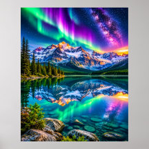Lac de montagne Aurora cosmique - Reflet de galaxi