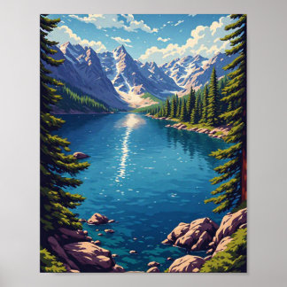 Poster Lac de montagne avec forêt de pins et rive rocheus