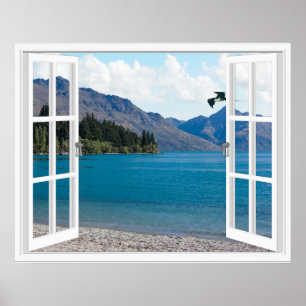 Poster Lac de montagne calme vue de fenêtre artificielle