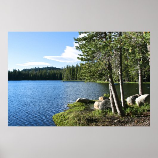 Poster Lac de montagne, Pins, Bateau (Devant)