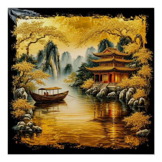Poster Lac doré oriental avec une pagode (Devant)