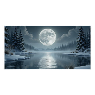 Poster Lac hivernal au clair de lune – Paysage nocturne s