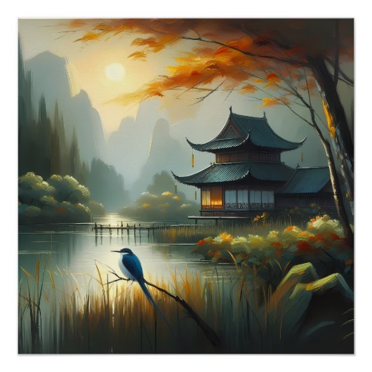 Poster Lac Japon Oiseau 1 - Toile (Devant)