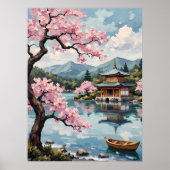 Poster Lac japonais avec fleurs de cerisiers (Devant)