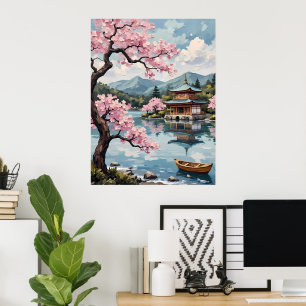 Poster Lac japonais avec fleurs de cerisiers