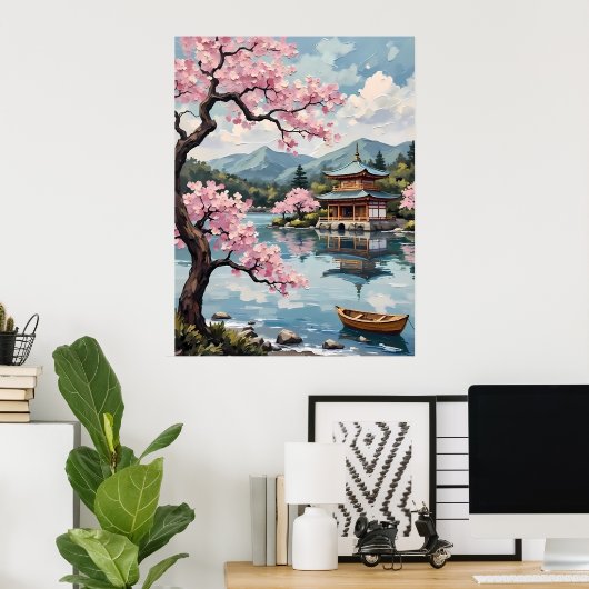 Poster Lac japonais avec fleurs de cerisiers (Bureau à domicile)