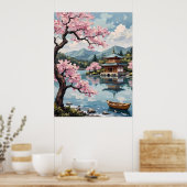 Poster Lac japonais avec fleurs de cerisiers (Cuisine)