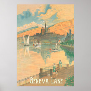 Poster Lac Léman, Gens sur une promenade, Suisse