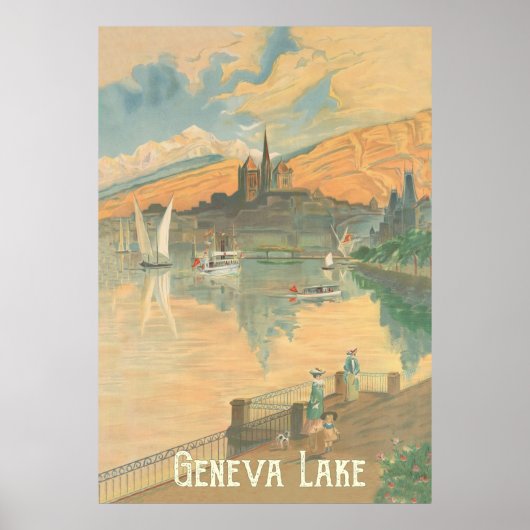 Poster Lac Léman, Gens sur une promenade, Suisse (Devant)