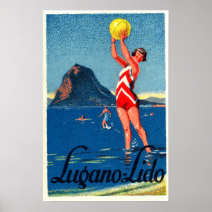 Poster Lac lugano, plage, fille avec du ballon de plage,