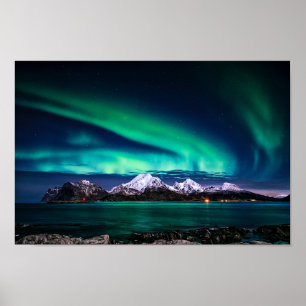 Poster Lac mountain de neige de lumières de ciel de