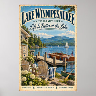 Poster Lac Rétro Winnipesaukee New Hampshire Voyage