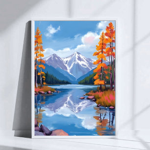 Poster Lac Tahoe Automne Peinture de Montagne de Feuill