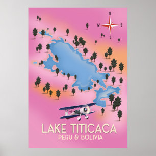 Poster Lac Titicaca, Pérou, Bolivie carte du lac art de v