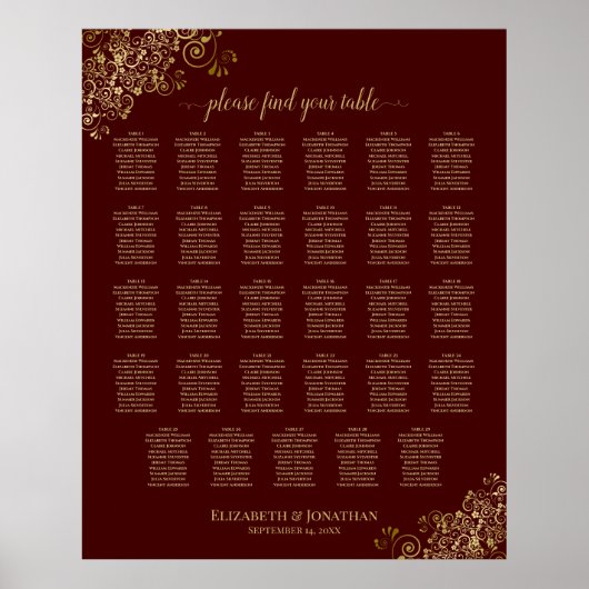 Poster Lacy Gold 29 Table Wedding Seating Chart Auburn (Devant)