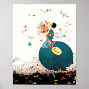 POSTER LADY AVEC BOUQUET FLEURIER ET BOUTTERFLITS