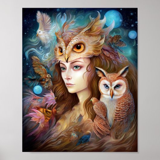 Poster Lady With Owl Surreal Imaginaire Art (Devant)