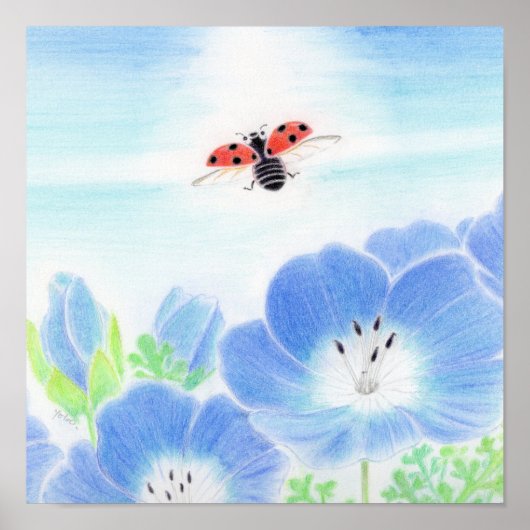 Poster Ladybug Spring Blue Flower Nemophila Nursery Art (Devant)