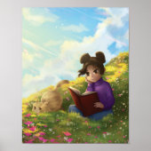 Poster L'affiche de la fille lisant et du chat ennuyé (Devant)