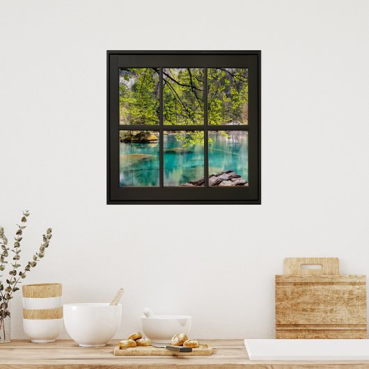 Poster Lagon, Vue Lac Faux Fenêtre Illusion Noir (Cuisine)