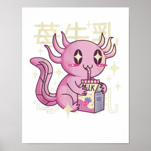 Poster Lait de fraise Axolotl Style japonais Kawai