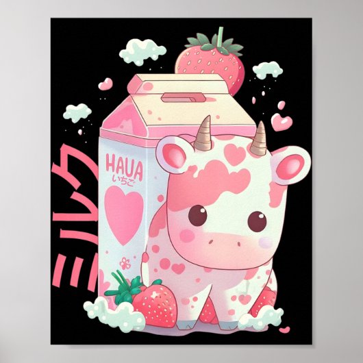 Poster Lait de fraise Lait de sabot Vache Carton Cute Kaw (Devant)