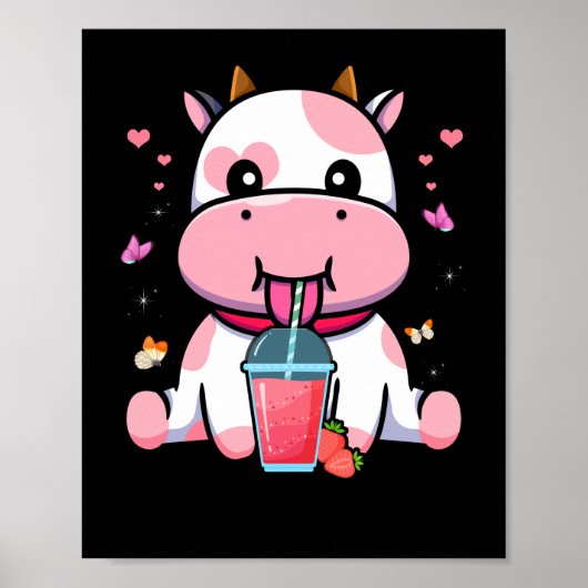 Poster Lait fraise Cute Kawaii Vache rose esthétique (Devant)
