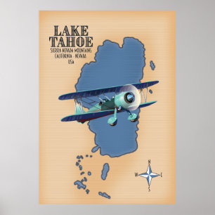 Poster Lake Tahoe Sierra Nevada California Nevada USA map