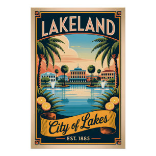 Poster Lakeland vintage Floride Cité des Lacs Rétro