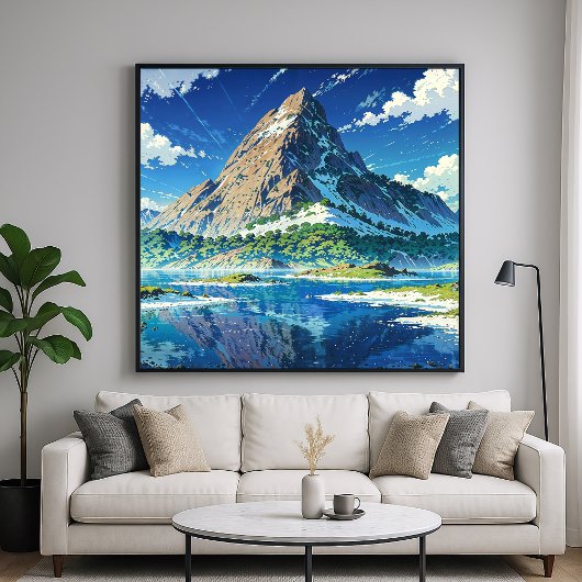 Poster Lakeside Mountain - Style d'illustration coloré