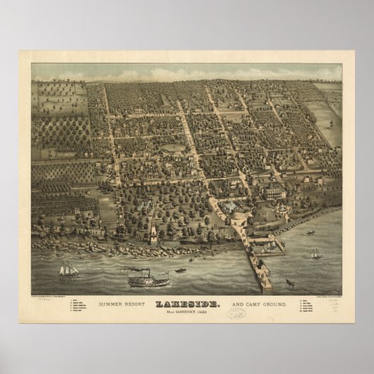 Poster Lakeside Ohio 1884 Carte panoramique antique (Devant)