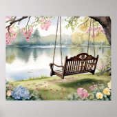 Poster Lakeside Swing dans le jardin d'aquarelle romantiq (Devant)